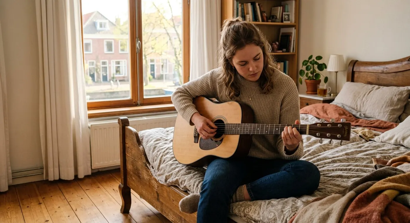 Beginner oefent thuis op de rand van het bed akkoorden op een akoestische gitaar