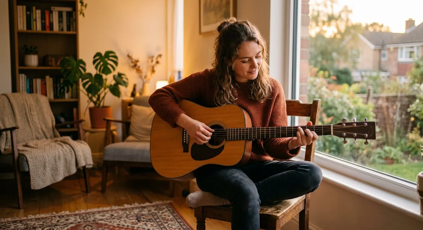Gitarist oefent geconcentreerd op een akoestische gitaar bij het raam thuis