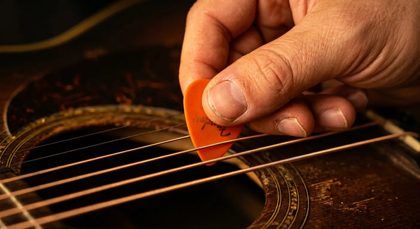 Hand met plectrum slaat de snaren van een akoestische gitaar aan, van dichtbij
